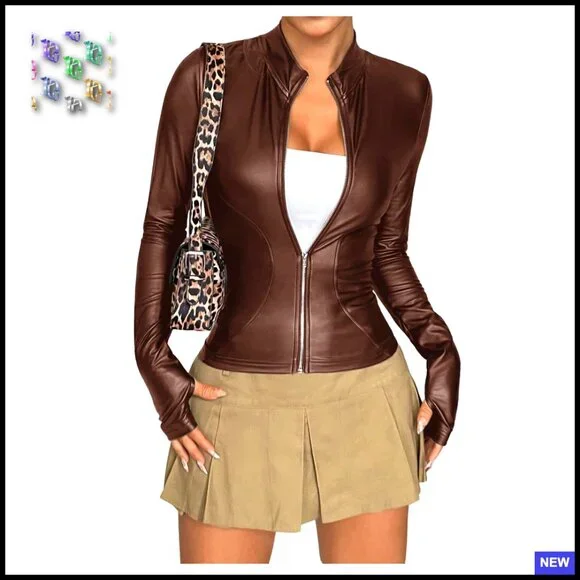 Faux Leather Jacket Slim Fit Zip Up Long Sleeve Winter Coat Chic Outerwear - Picture 1 of 5